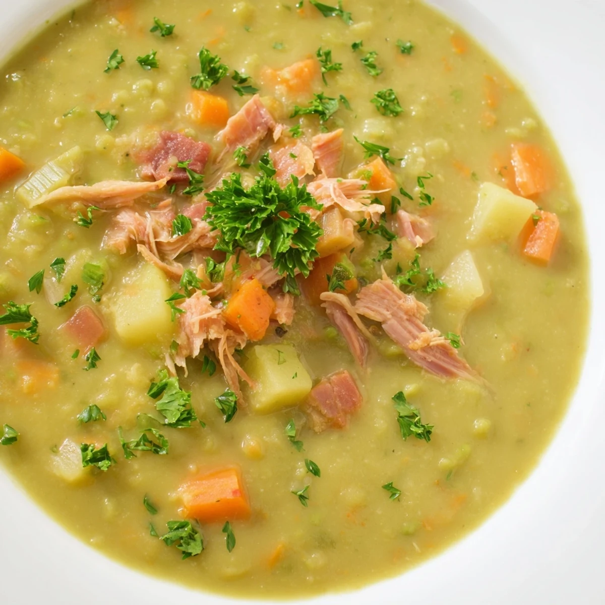 A warm bowl of Green Split Pea Soup with Smoked Turkey Leg, garnished with fresh parsley and served beside crusty bread.