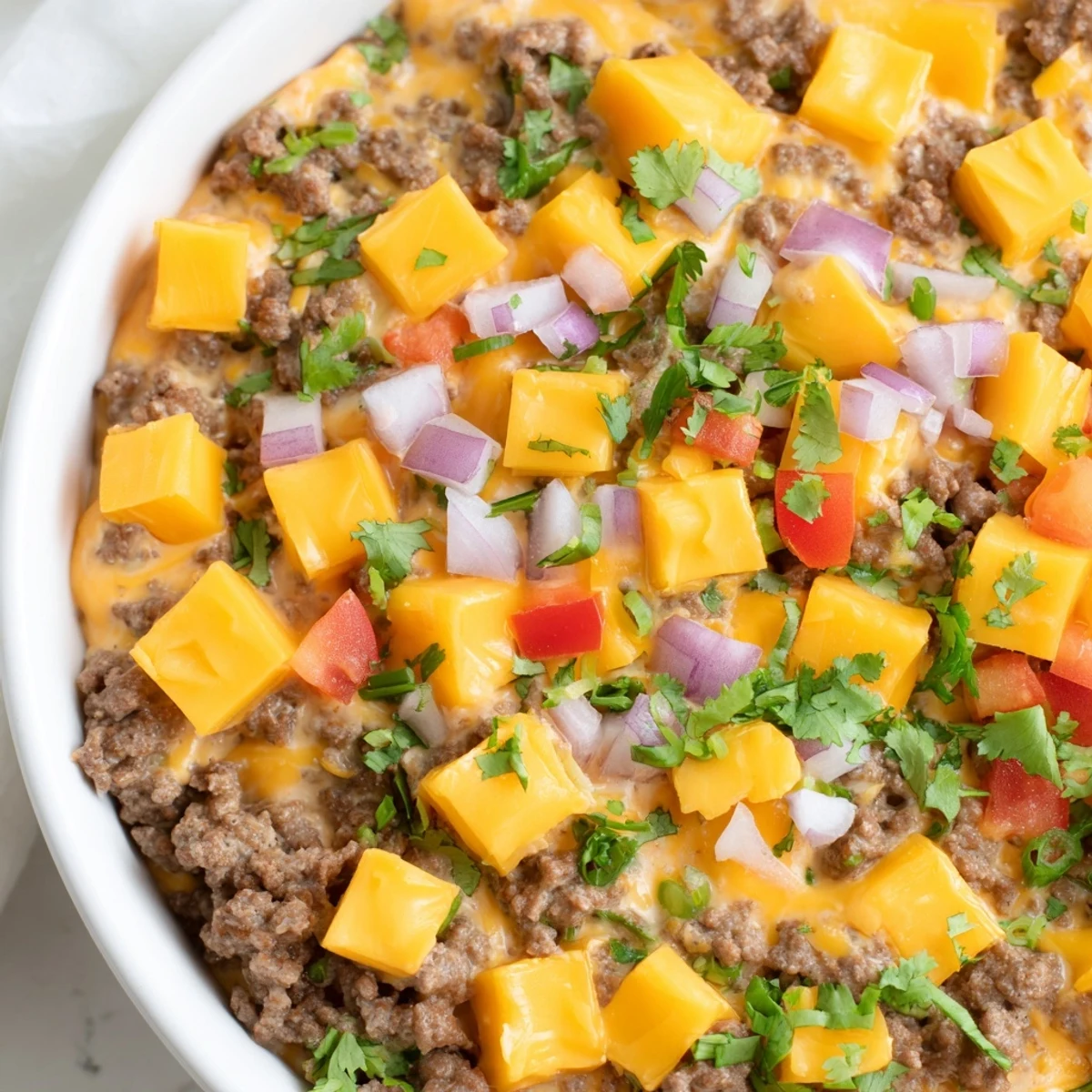 Creamy Beef Queso Dip with melty cheese, seasoned beef, and chopped tomatoes, served with crispy tortilla chips for dipping.
