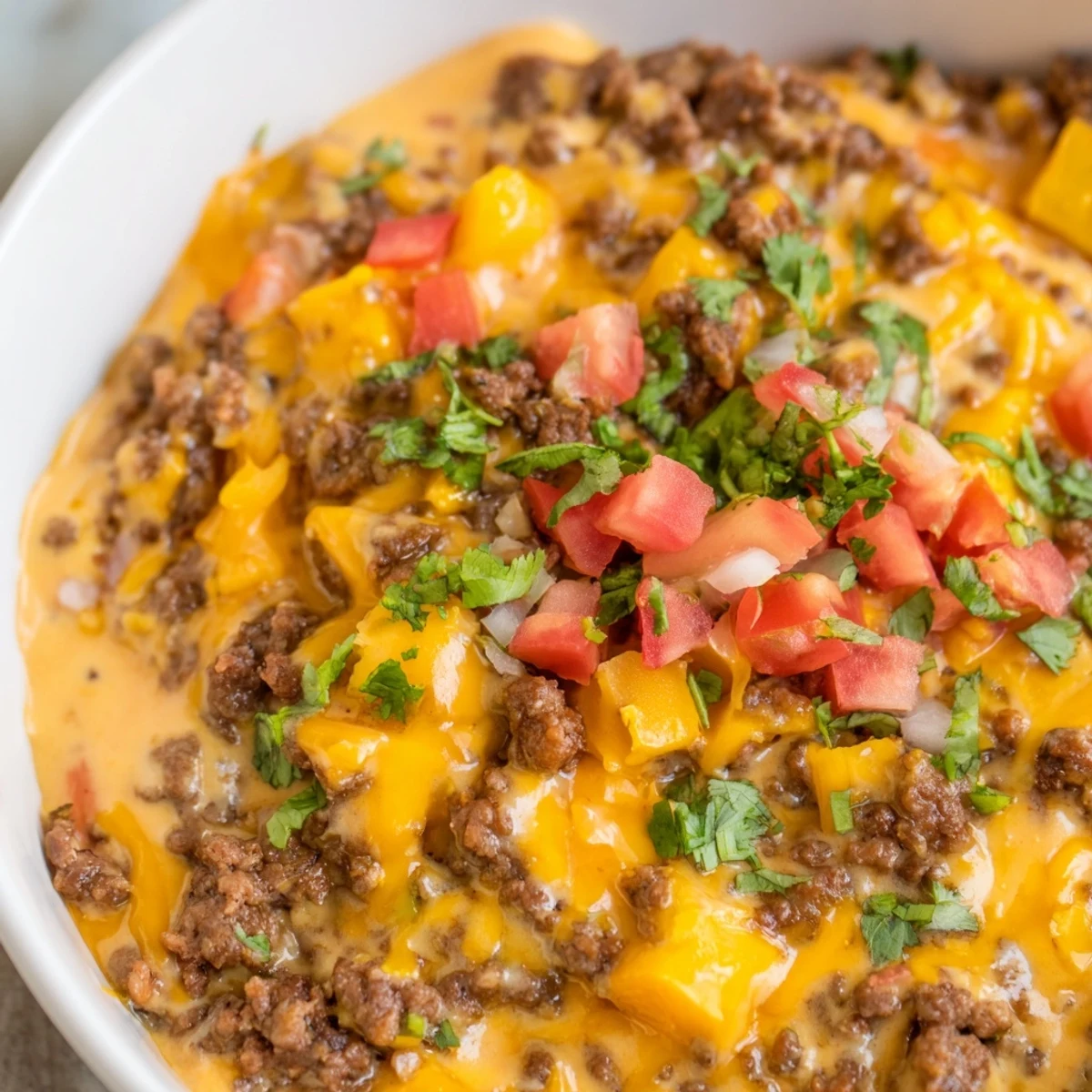 Hearty Tex-Mex Beef Queso Dip topped with fresh cilantro, perfect for game day parties and appetizer platters.