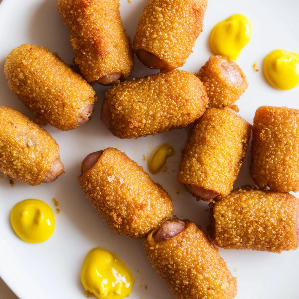Golden crispy Mini Corn Dogs with beef franks on skewers rest beside a small bowl of tangy yellow mustard on a checkered paper plate.