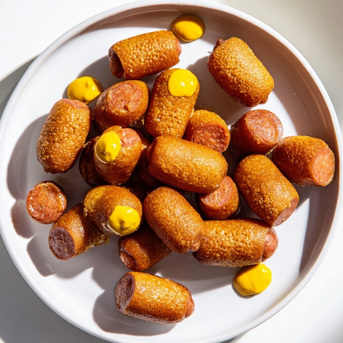Freshly fried Mini Corn Dogs lined up on paper towels show off their crunchy texture and golden-brown color next to skewers.