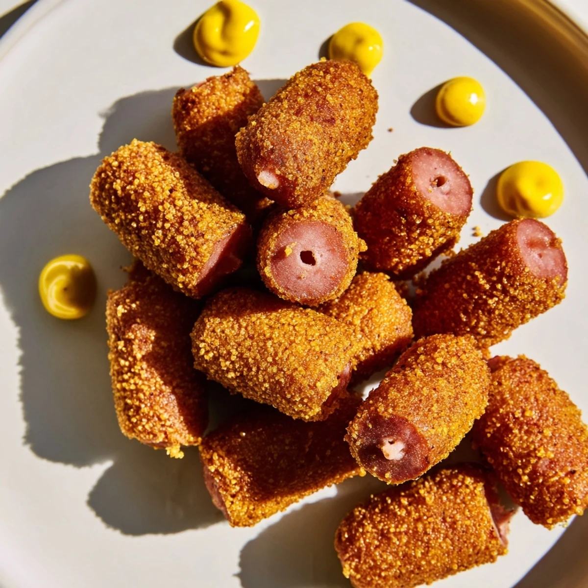 Skewered pieces of Mini Corn Dogs display thick, golden cornmeal batter coating juicy beef franks, perfect for dipping into mustard.