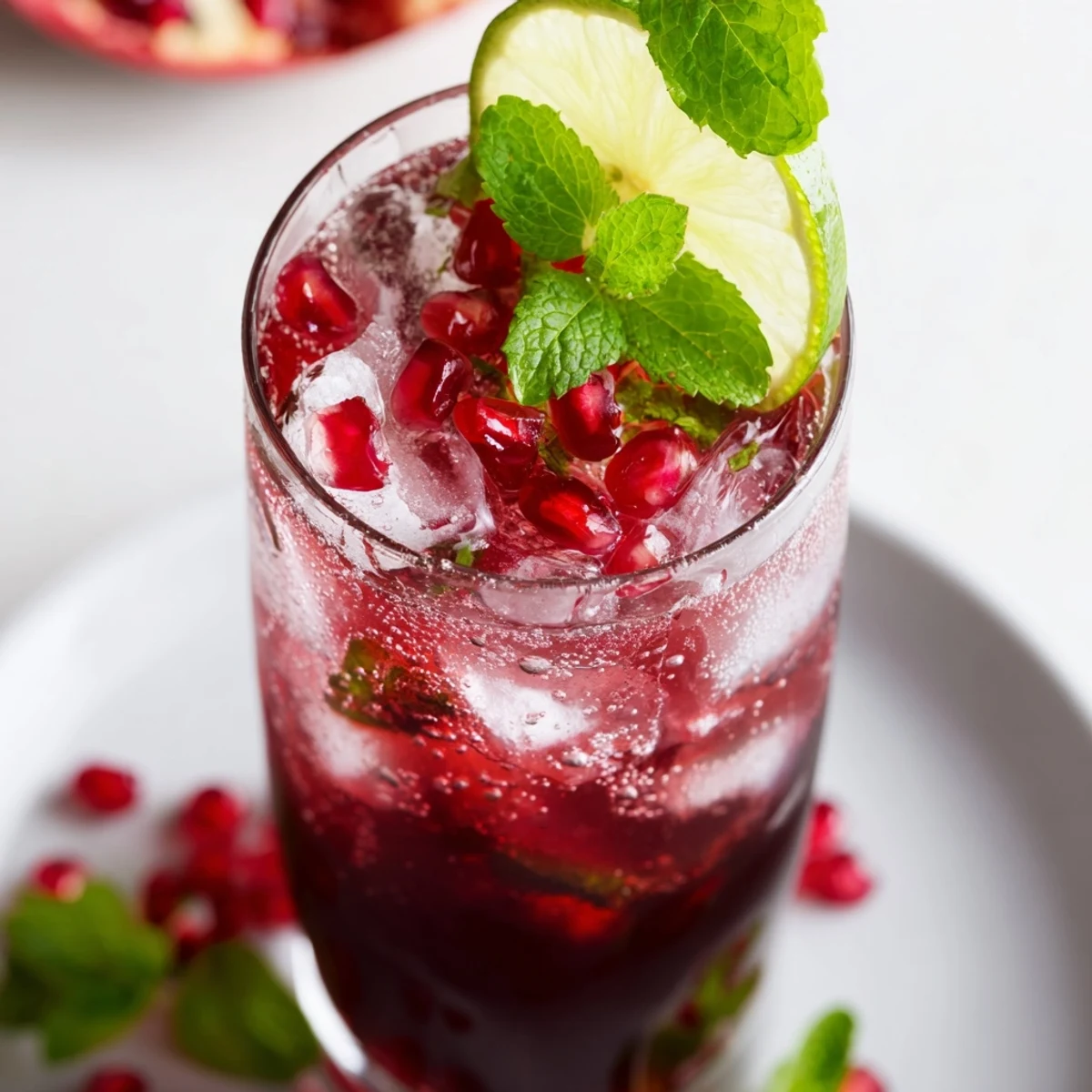 Two glasses of Pomegranate Fizz Mocktail with lime wedges, bubbling over ice and garnished with fresh mint.