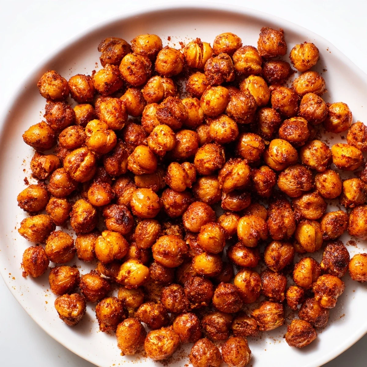 Close-up of crunchy Cajun Spiced Roasted Chickpeas piled in a rustic bowl, seasoned with paprika flecks.