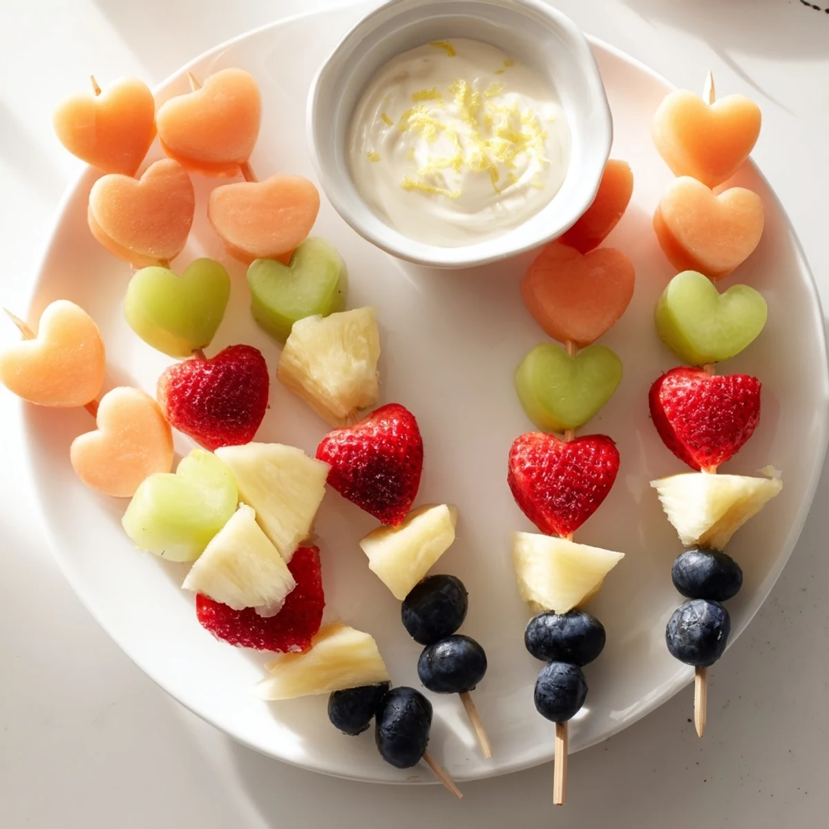Freshly prepared Sweetheart Fruit Skewers with Yogurt Dip are served on a marble board for brunch.
