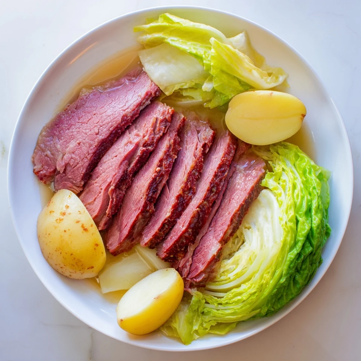 Tender slices of Corned Beef Brisket with Cabbage and Potatoes arranged on a rustic platter, garnished with fresh parsley and served with mustard.
