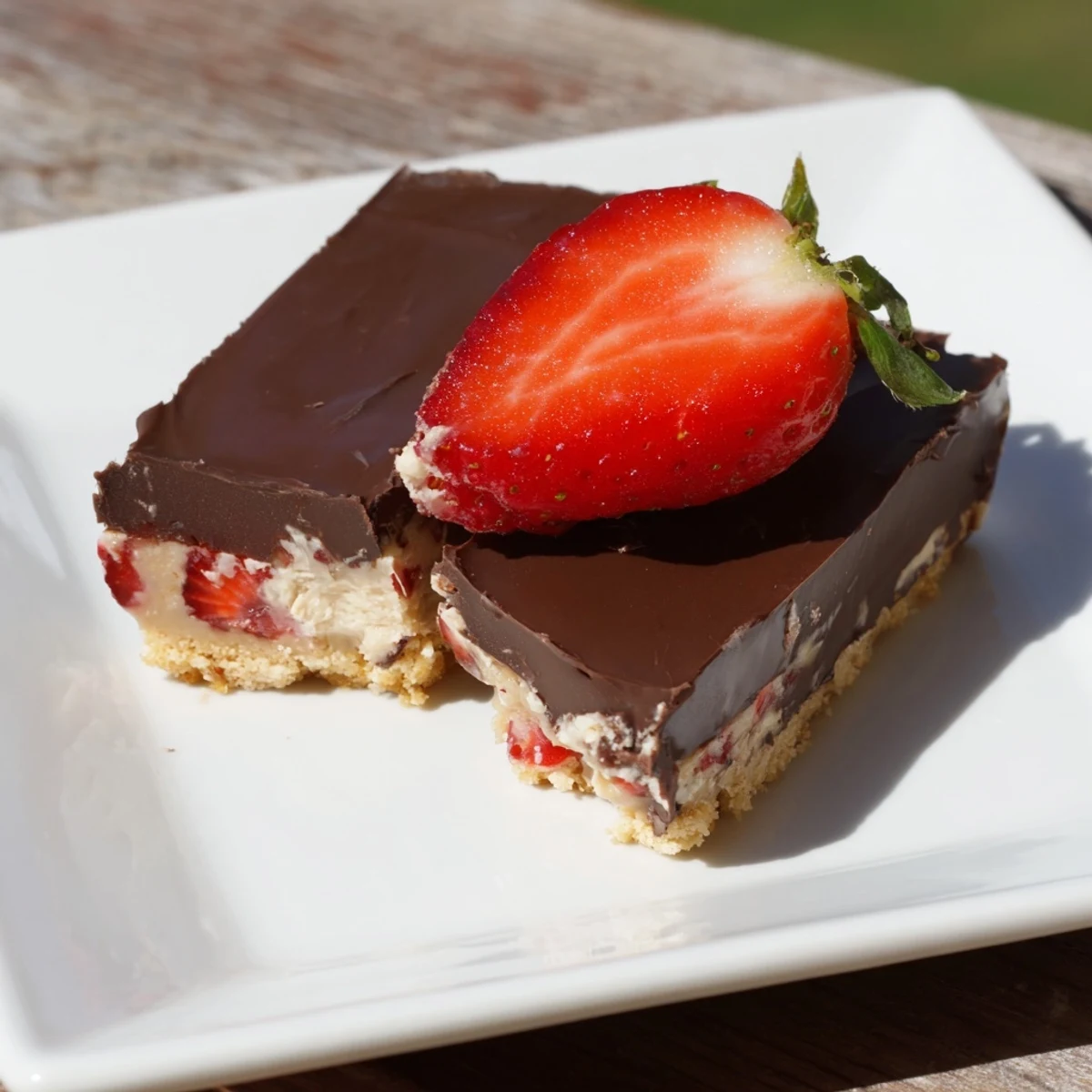 Freshly baked Chocolate Covered Strawberry Cheesecake bars with a creamy strawberry filling, graham cracker crust, and a glossy dark chocolate topping on a marble counter.