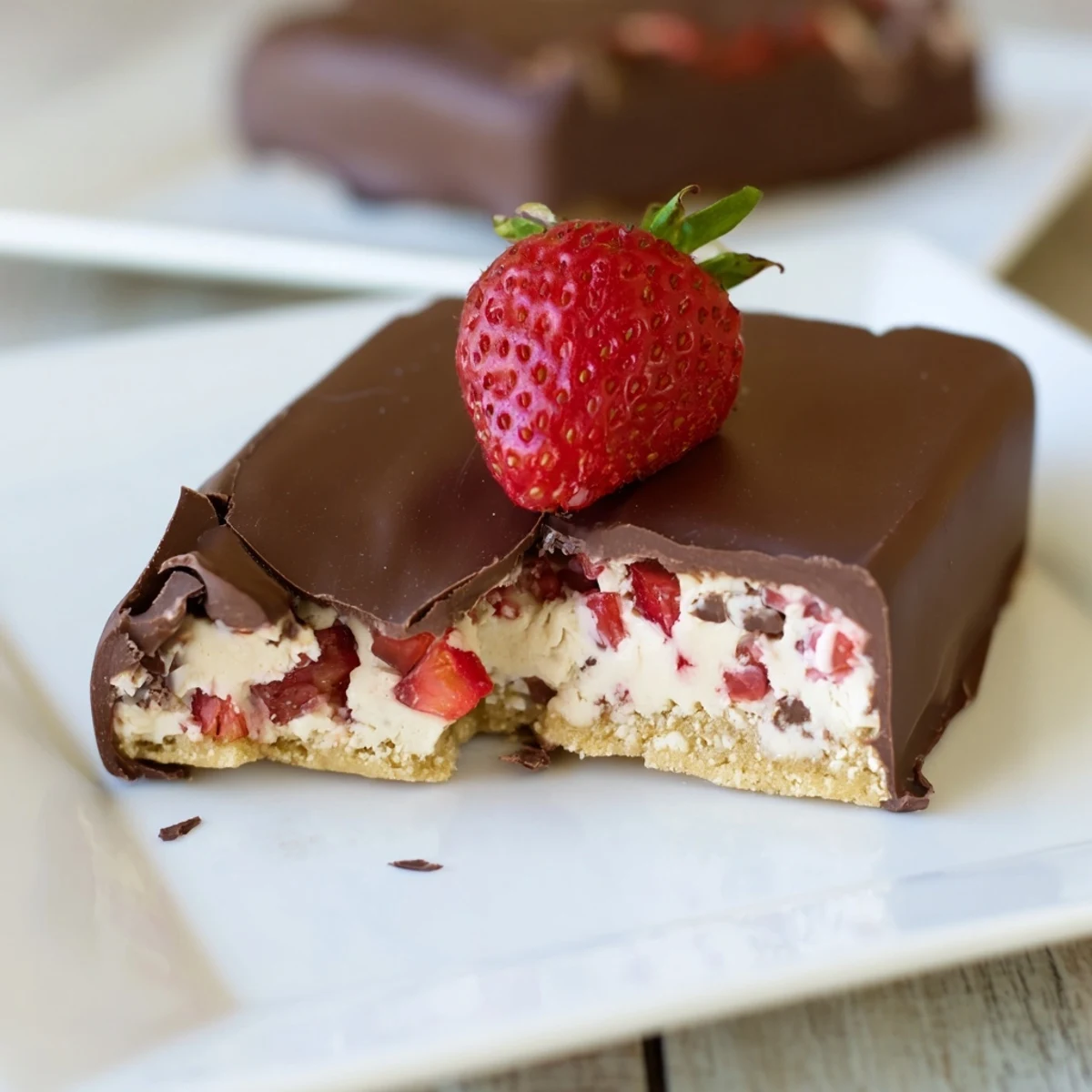 A close-up of Chocolate Covered Strawberry Cheesecake bars, garnished with ripe strawberry halves and shaved chocolate, perfect for serving at a dinner party or special occasion.