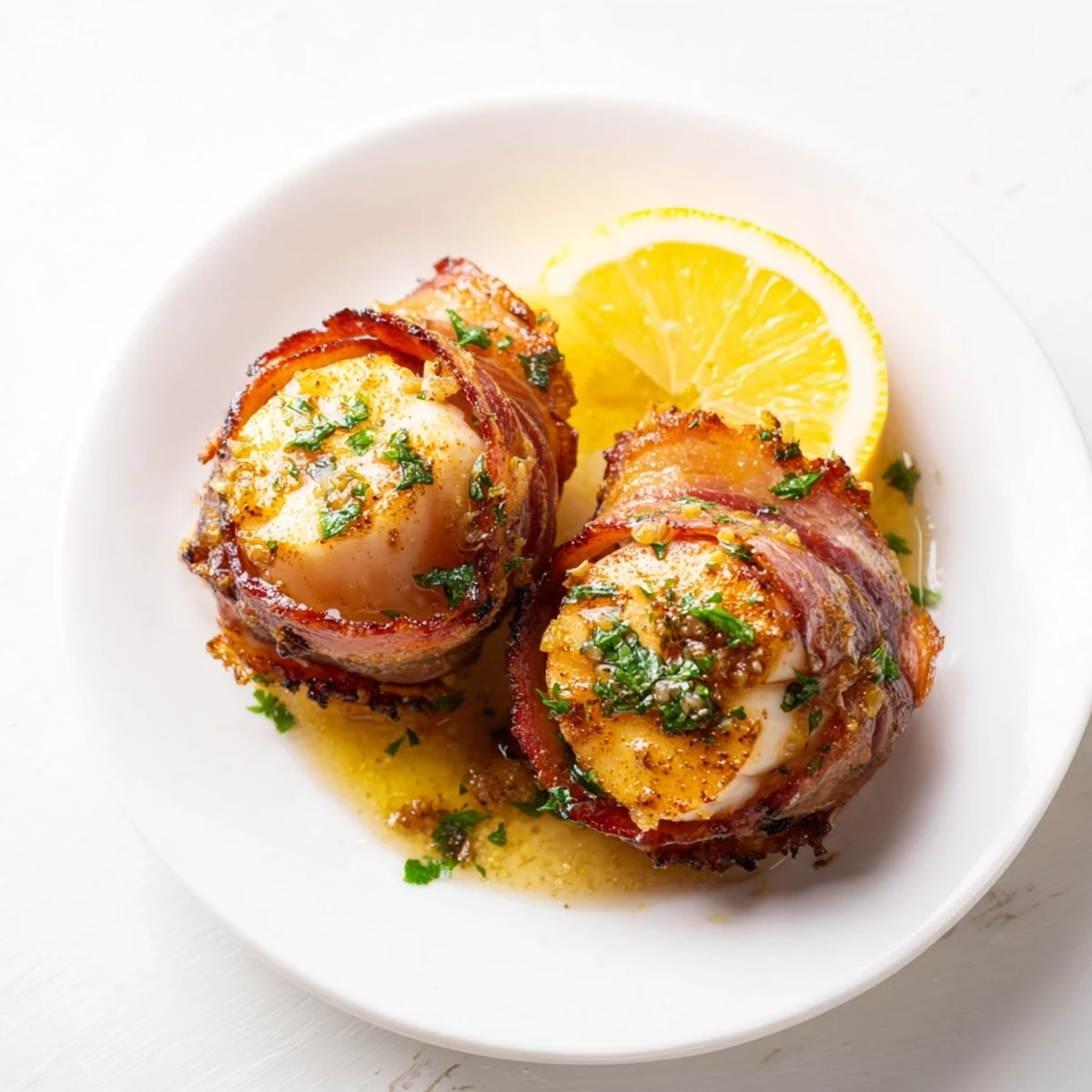 Golden-brown beef bacon wrapped scallops glistening with lemon butter sauce on a white serving platter.