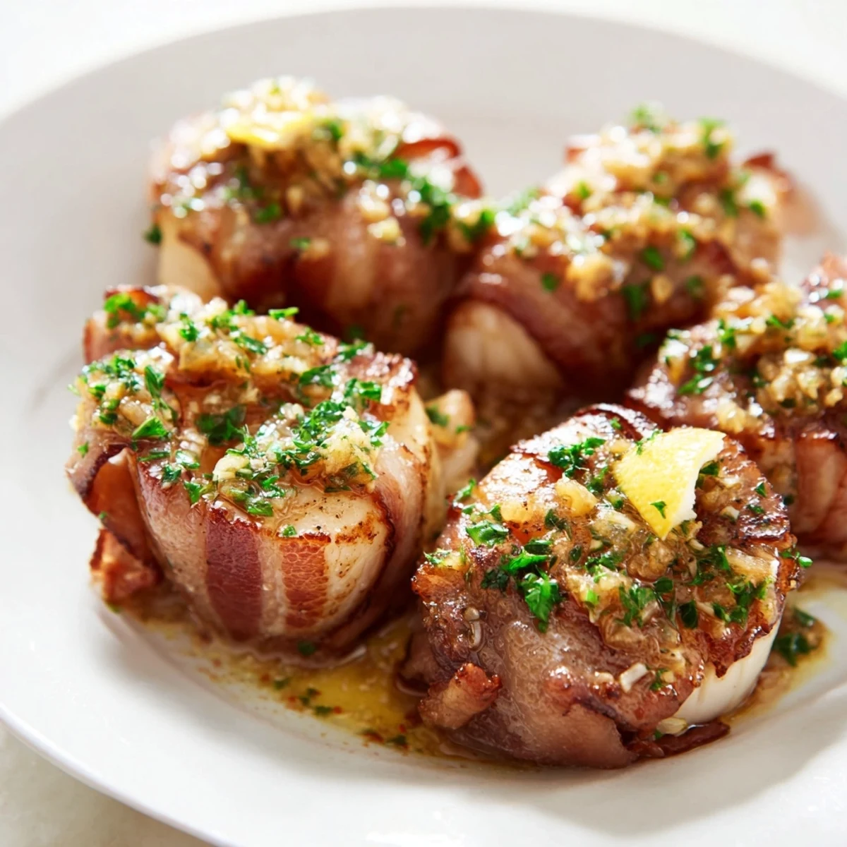 Savory beef bacon encasing tender scallops finished with bright lemon butter sauce for an elegant appetizer.