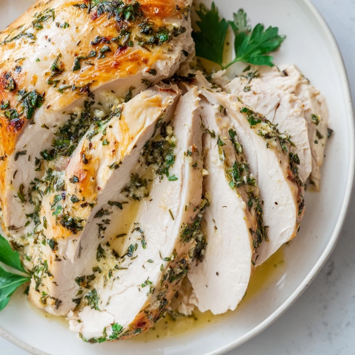 Golden-brown Savory Herb Roasted Turkey Breast fresh from the oven, resting on a wooden board with aromatic herbs and lemon slices nearby.