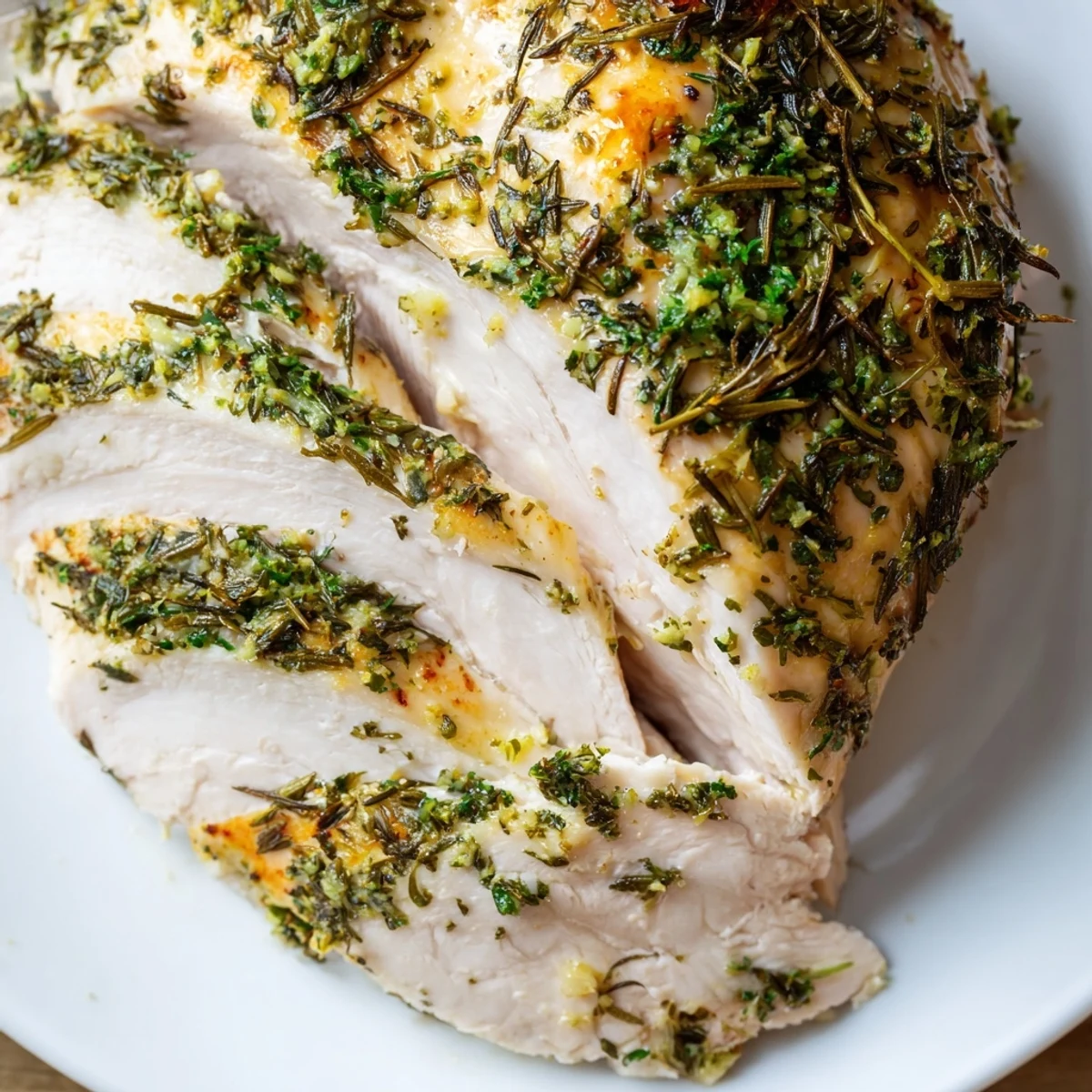 Close-up of Savory Herb Roasted Turkey Breast with crispy herb butter skin, garnished with fresh thyme and rosemary sprigs.