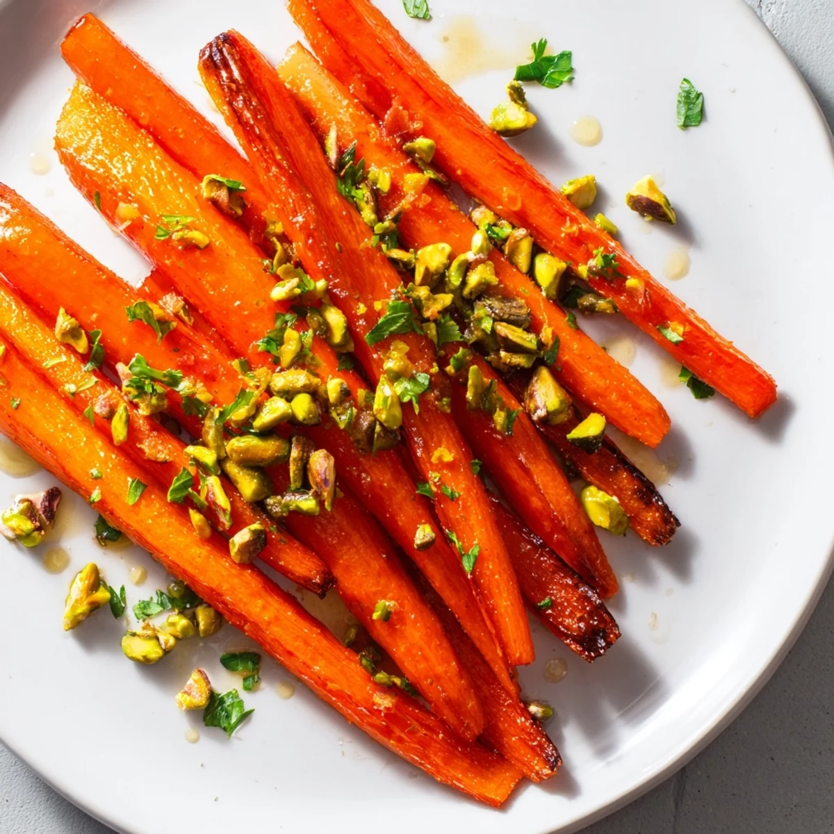 Glossy orange carrots roasted with honey and pistachios, perfect alongside grilled chicken or a fresh grain salad.