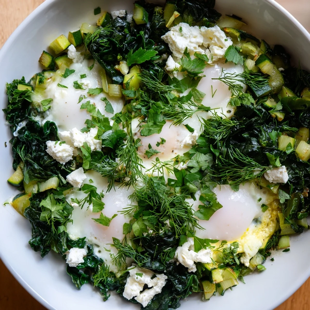 Runny egg yolks from green shakshuka glisten over sautéed spinach and zucchini, perfect for brunch.