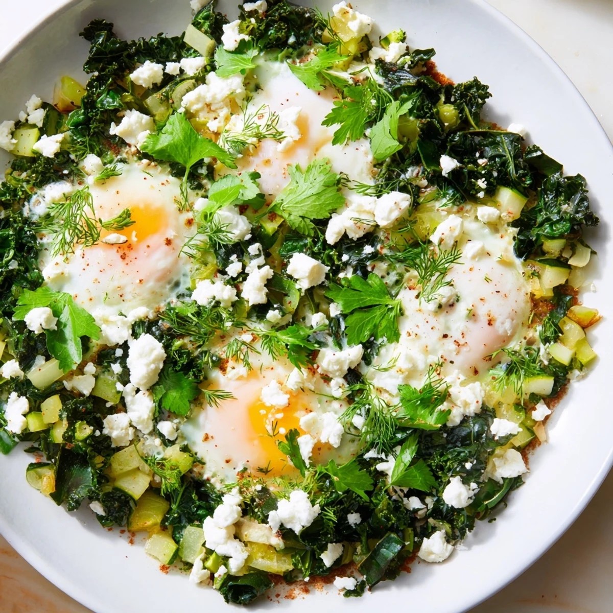 Spoonfuls of creamy feta top this fresh green shakshuka, served with warm toast for dipping.