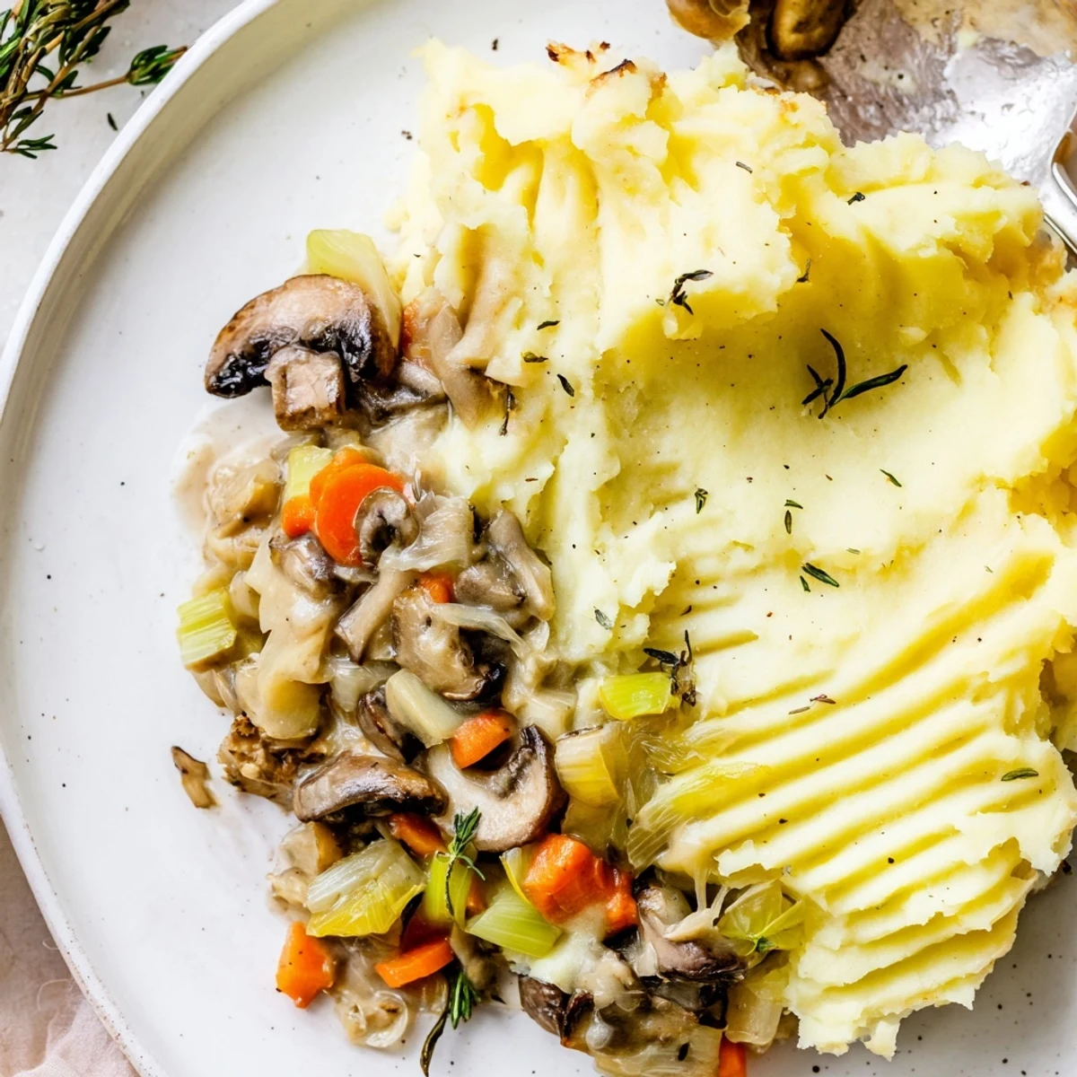 Golden-brown Creamy Mushroom and Leek Shepherds Pie with rich mushroom filling and fluffy potato topping in a baking dish.  