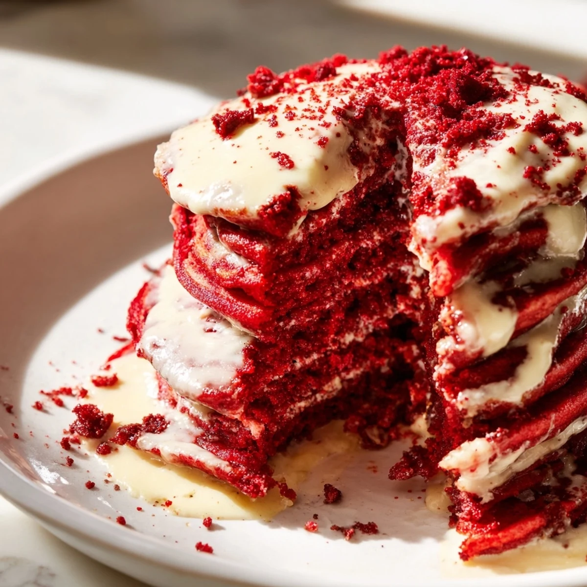 Stack of fluffy red velvet pancakes with a rich cream cheese glaze drizzled over the top, served on a white plate for a decadent brunch.