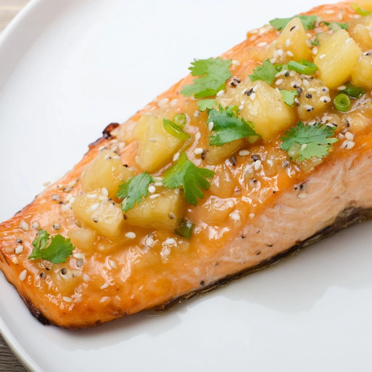 Succulent Pineapple Glazed Salmon Fillets rest beside steamed rice, their orange glaze glistening under warm kitchen lighting.