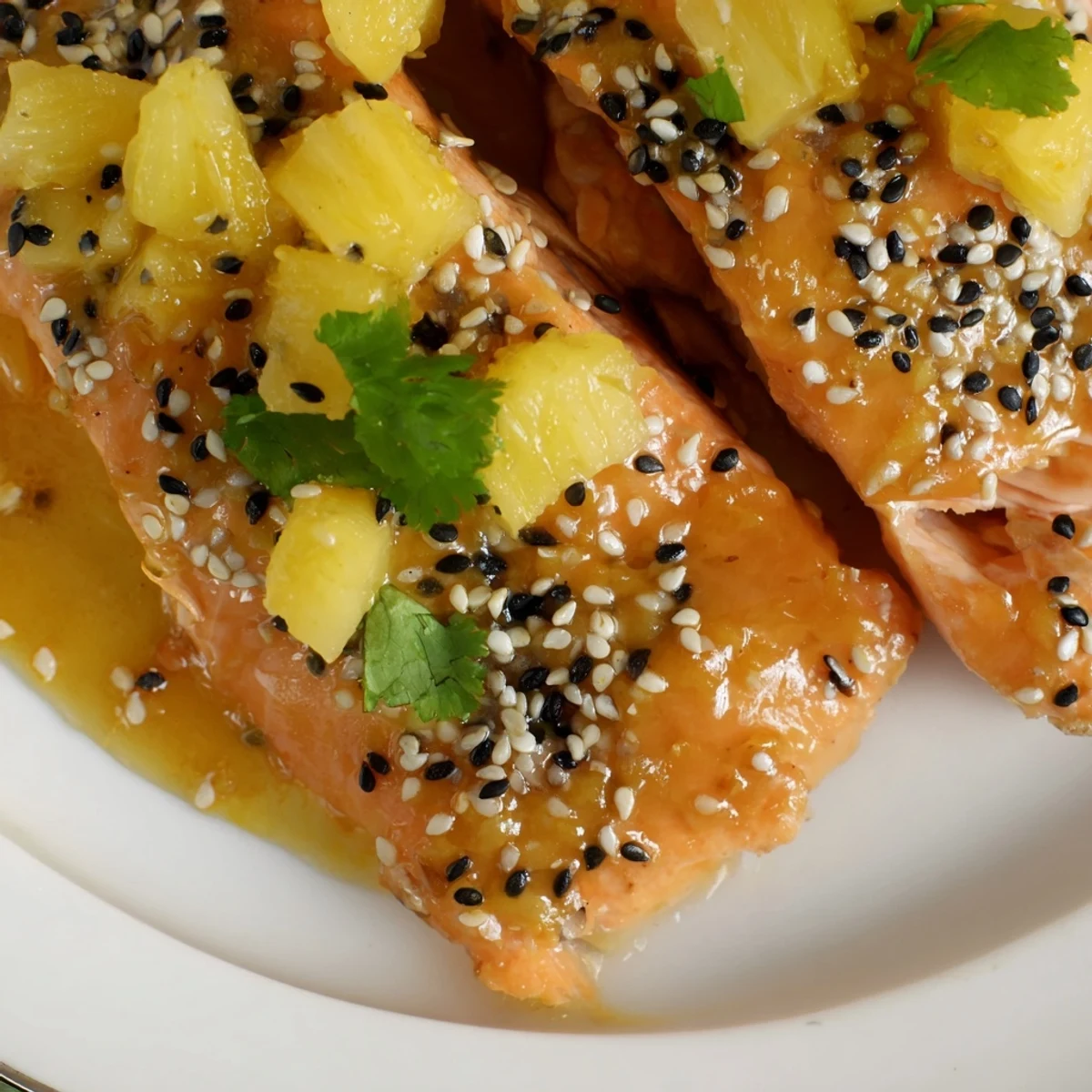 Pineapple Glazed Salmon Fillets topped with juicy pineapple chunks and green onion on a white plate, ready for a healthy dinner.