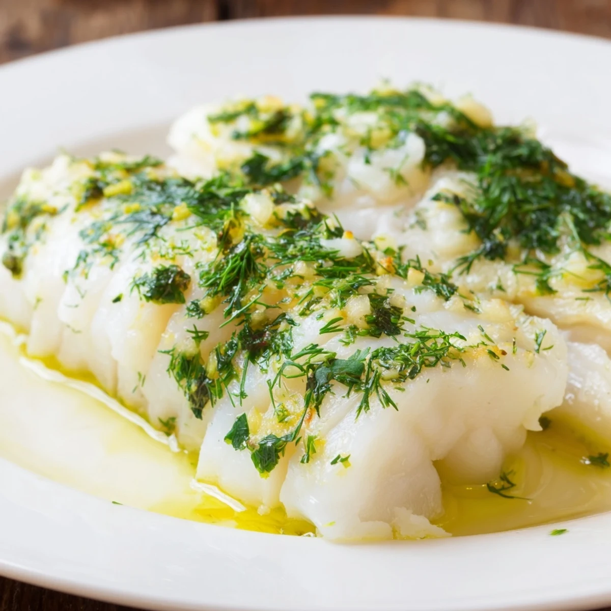Tender Baked Cod with Garlic Butter and Herbs flaking perfectly with a fork, ready to serve for dinner.  