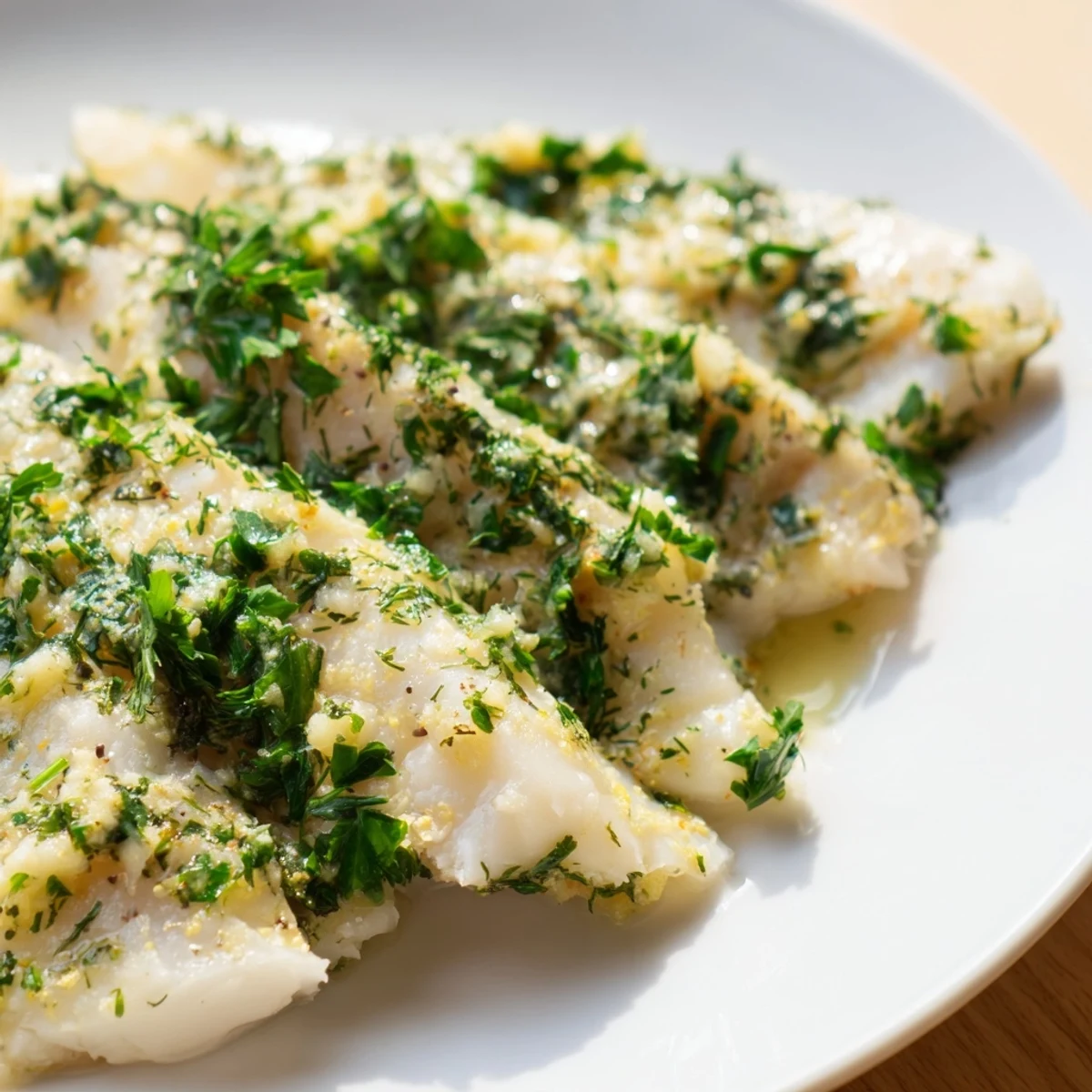 Freshly baked cod fillets glistening with garlic butter and herbs on a white plate with lemon wedges.  