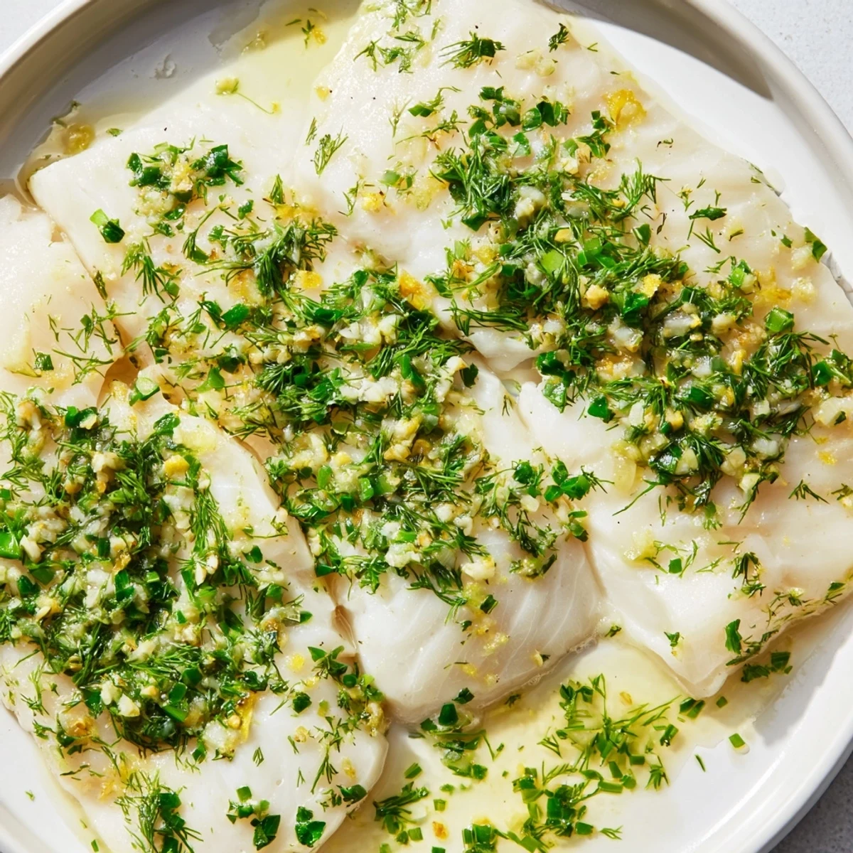 Golden Baked Cod with Garlic Butter and Herbs garnished with parsley and dill beside a bowl of rice.