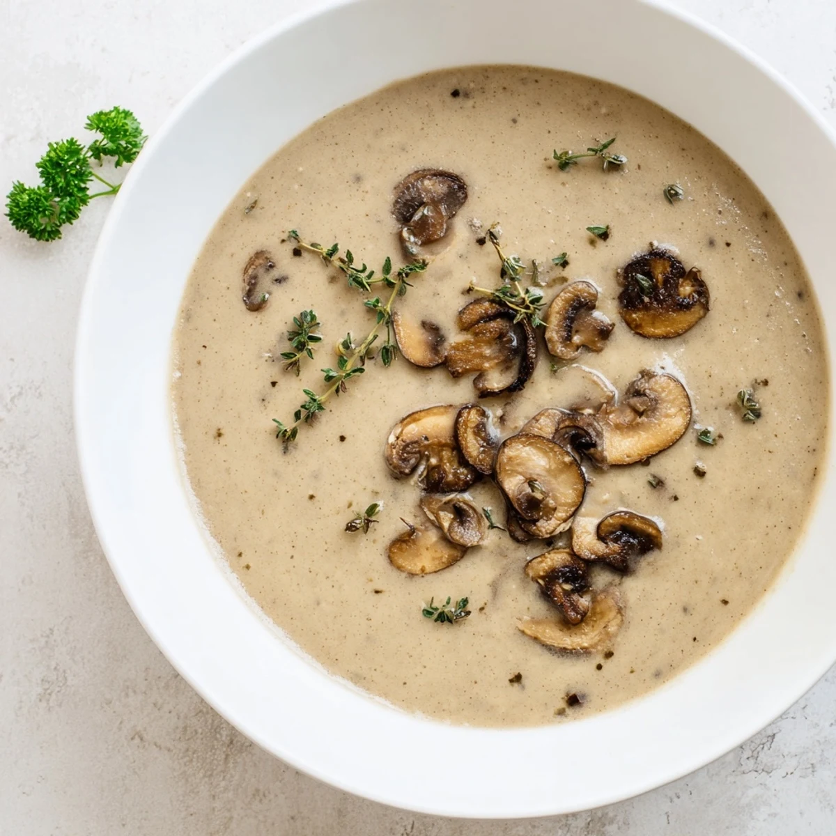 Creamy Mushroom Soup with Thyme steaming in a rustic bowl, garnished with fresh thyme and a swirl of cream.