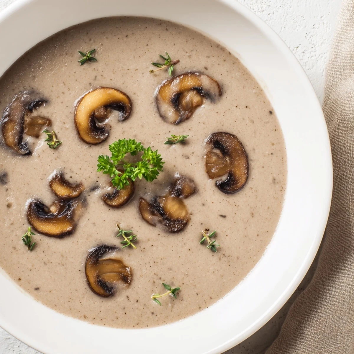 A rich bowl of Creamy Mushroom Soup with Thyme beside crusty bread and a spoon on a linen napkin.