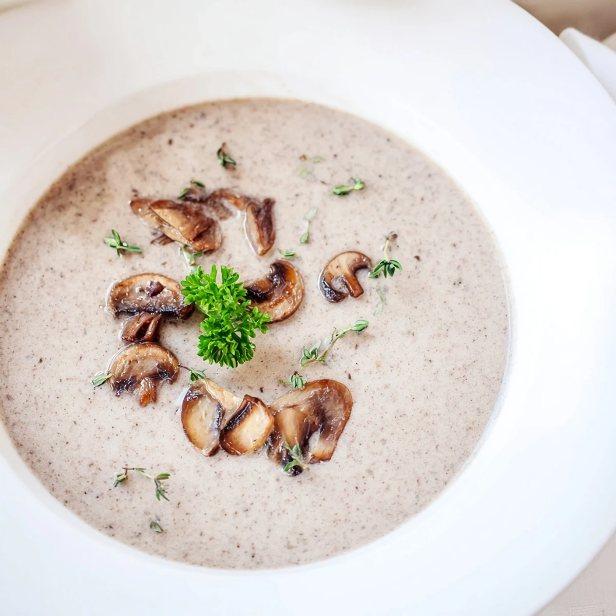 Velvety Creamy Mushroom Soup with Thyme served hot in a white ceramic bowl with chopped parsley garnish.