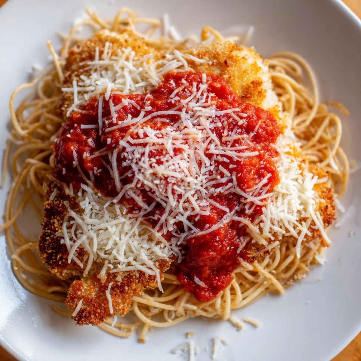 Tender breaded chicken breasts topped with rich marinara sauce and gooey cheese, plated with saucy spaghetti noodles.