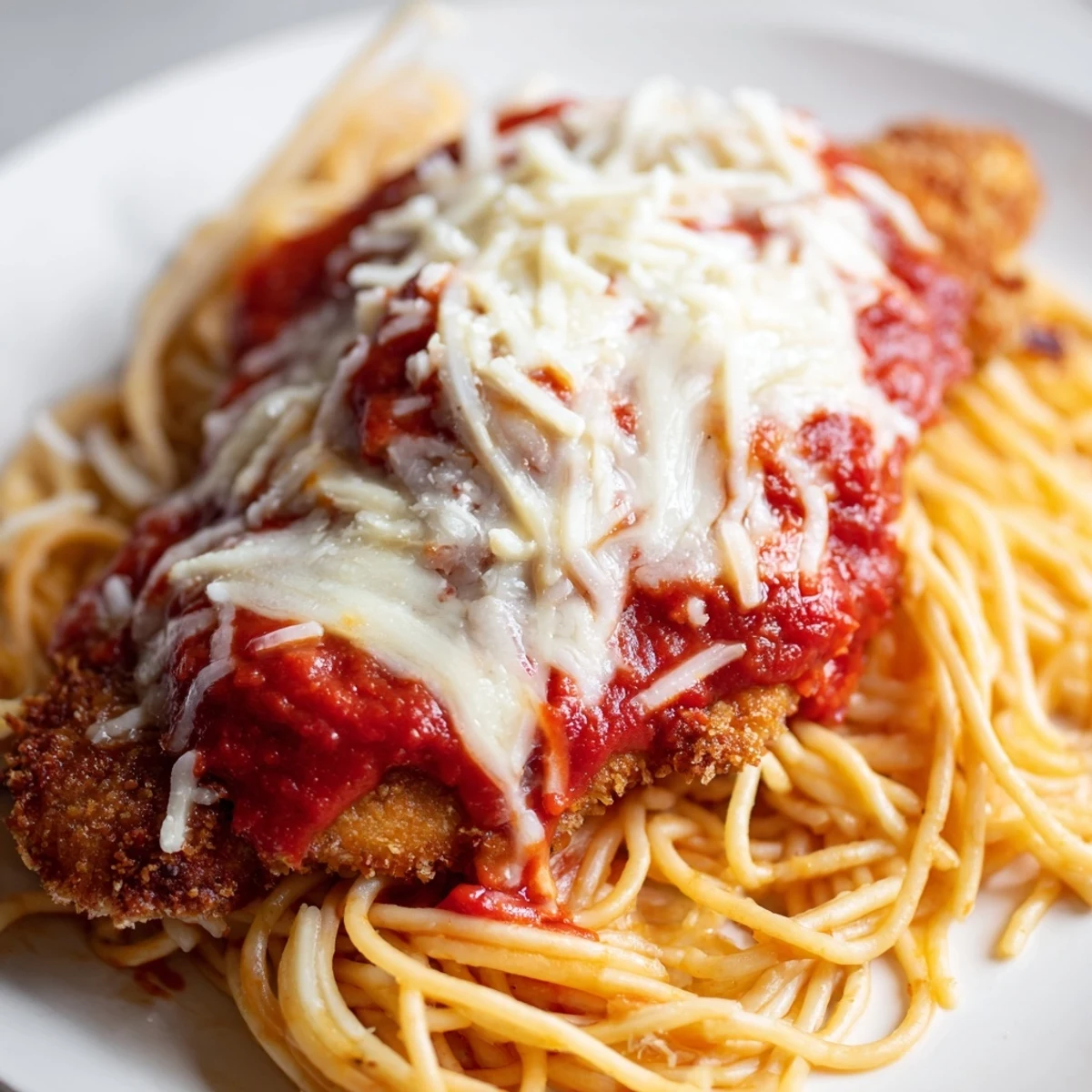 Golden crispy Chicken Parmesan over spaghetti marinara with melted mozzarella and fresh basil garnish, served family-style.