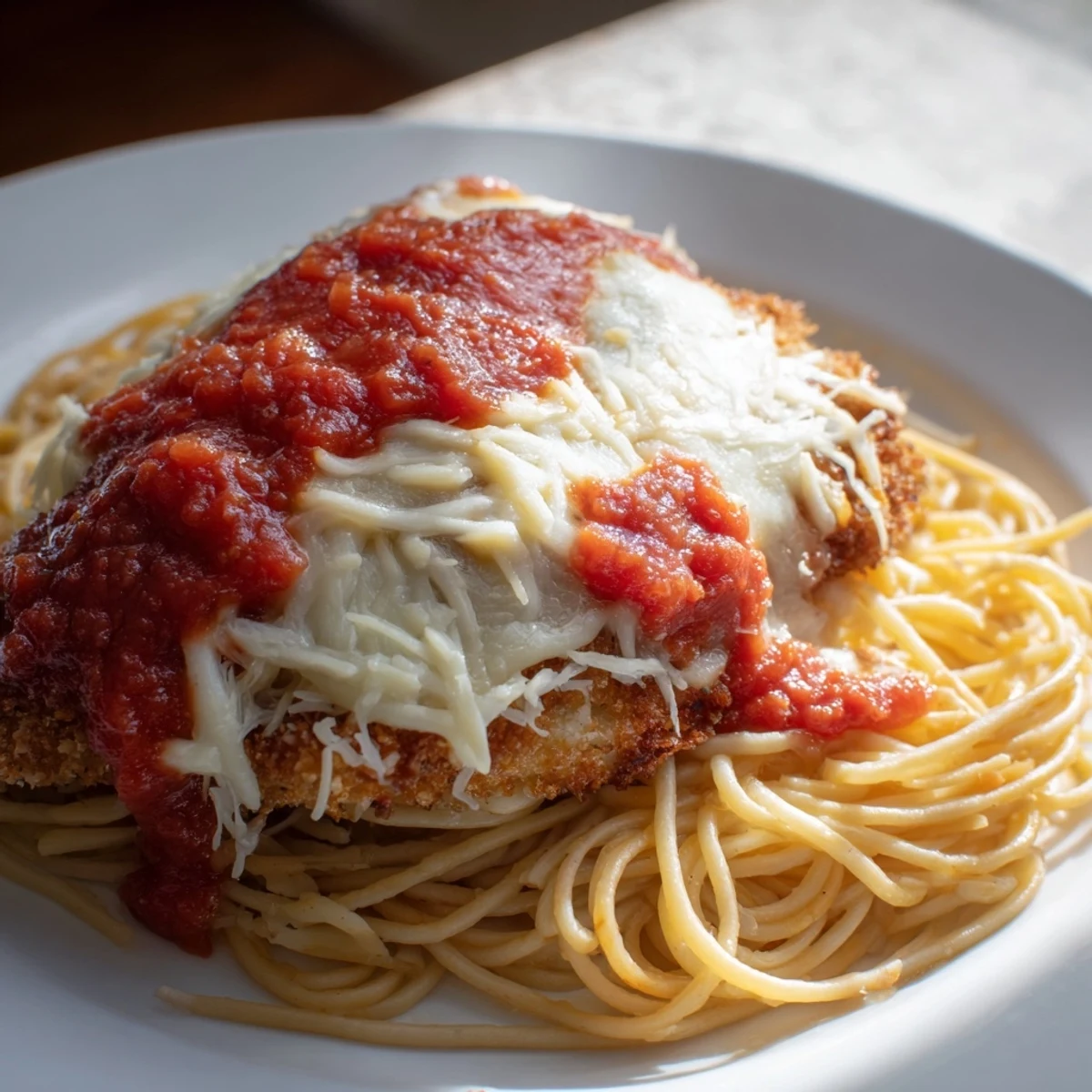 Hearty Italian-American Chicken Parmesan over spaghetti marinara, featuring golden chicken, melted mozzarella, and a colorful side salad.