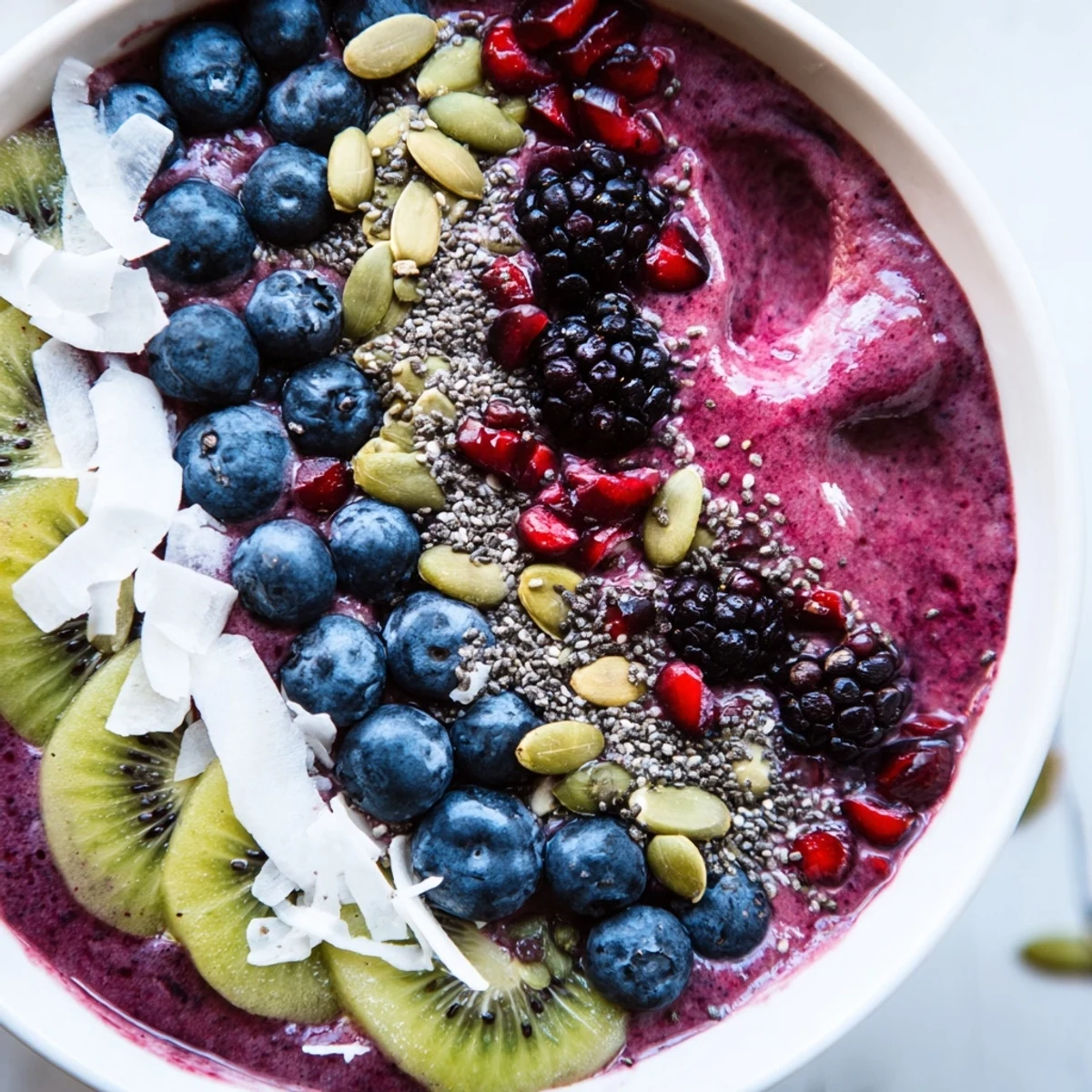 A close-up of the vibrant Winter Berry Smoothie Bowl with Seeds, showing a thick purple base topped with fresh berries, crunchy seeds, and granola.