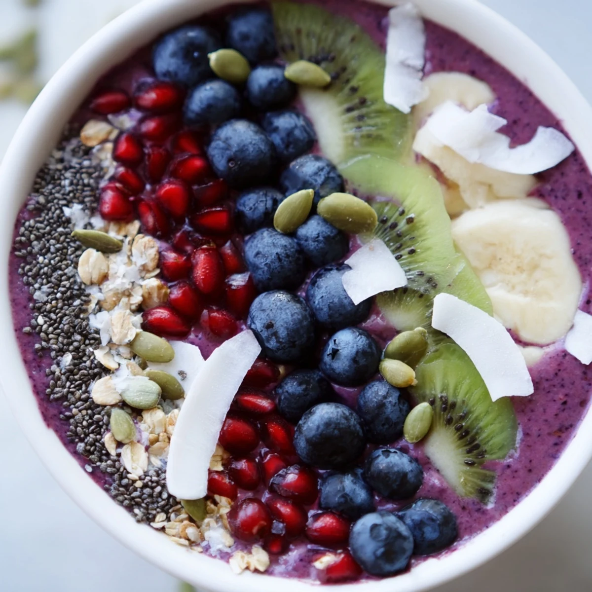 The Winter Berry Smoothie Bowl with Seeds sits on a rustic table, garnished with kiwi slices and a sprinkle of pomegranate arils for color.