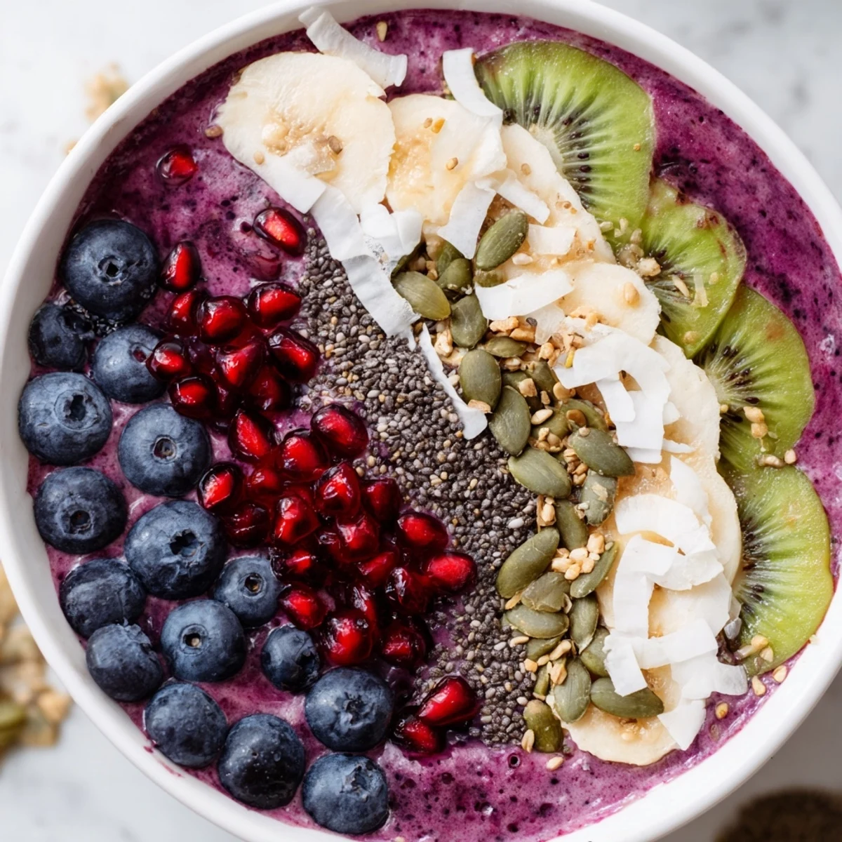 Serving suggestion for the Winter Berry Smoothie Bowl with Seeds, featuring a spoon ready to dig into the creamy, seed-filled breakfast bowl.
