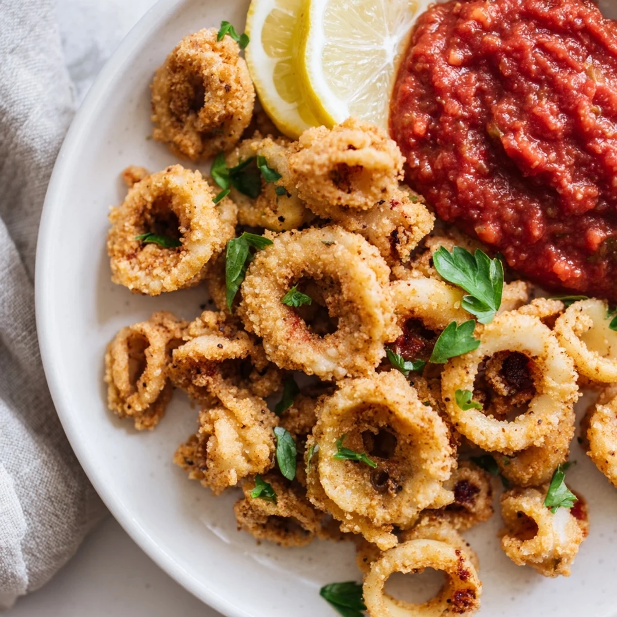 Crispy Calamari with Marinara Dipping Sauce shows golden fried rings with lemon wedges and parsley garnish.