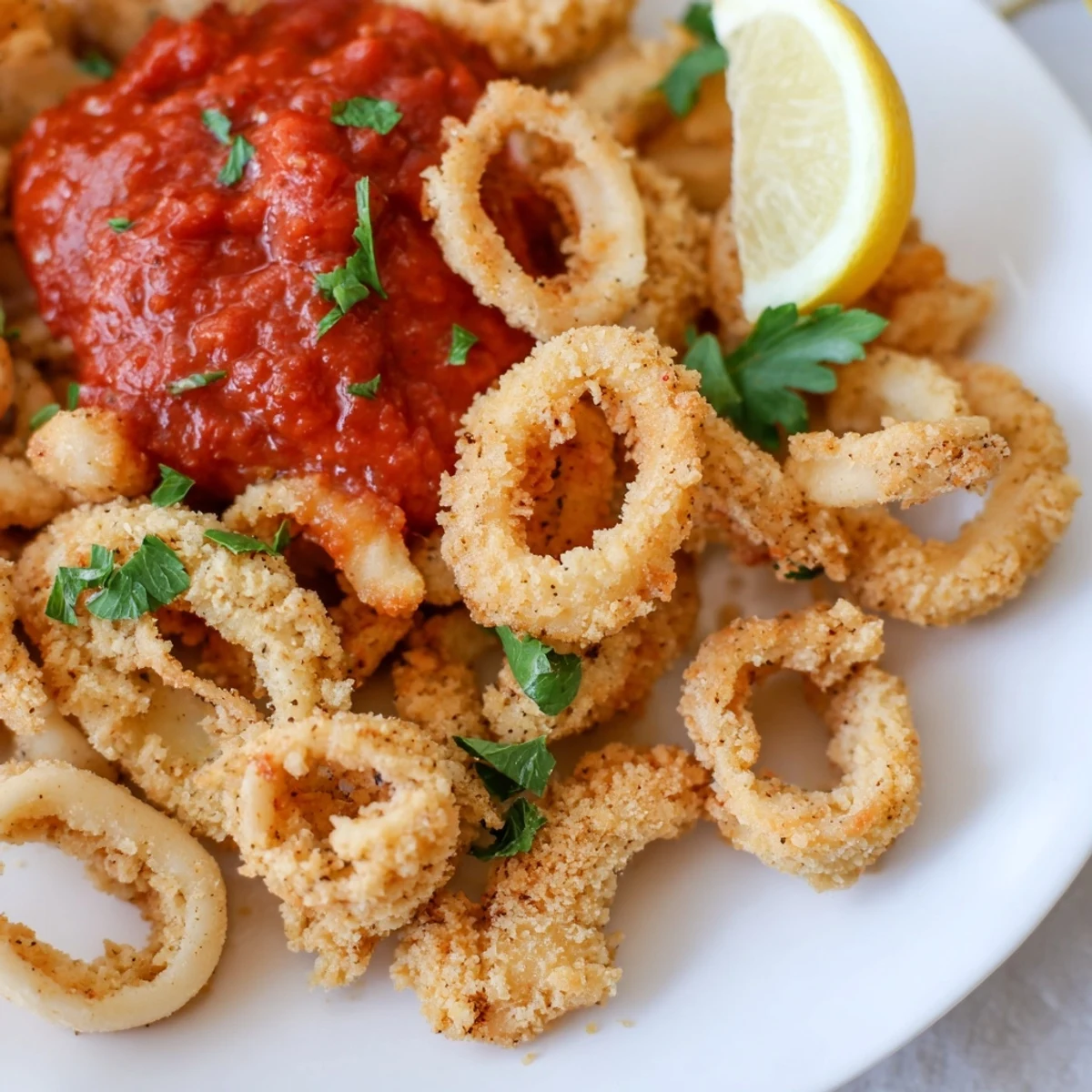 Crispy Calamari with Marinara Dipping Sauce is plated with zesty tomato sauce on a rustic table.