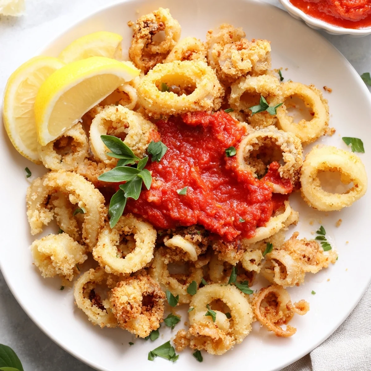 Crispy Calamari with Marinara Dipping Sauce highlights crunchy breaded squid next to a steaming marinara bowl.
