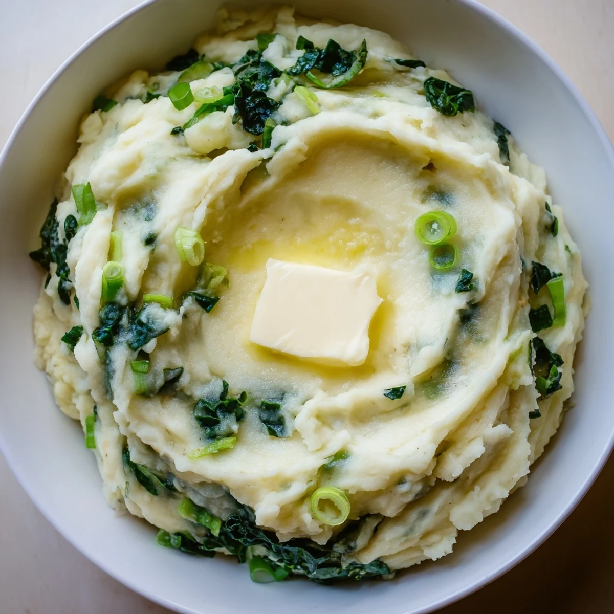 Steaming Irish Colcannon with kale and butter served alongside roasted sausages on a wooden table.