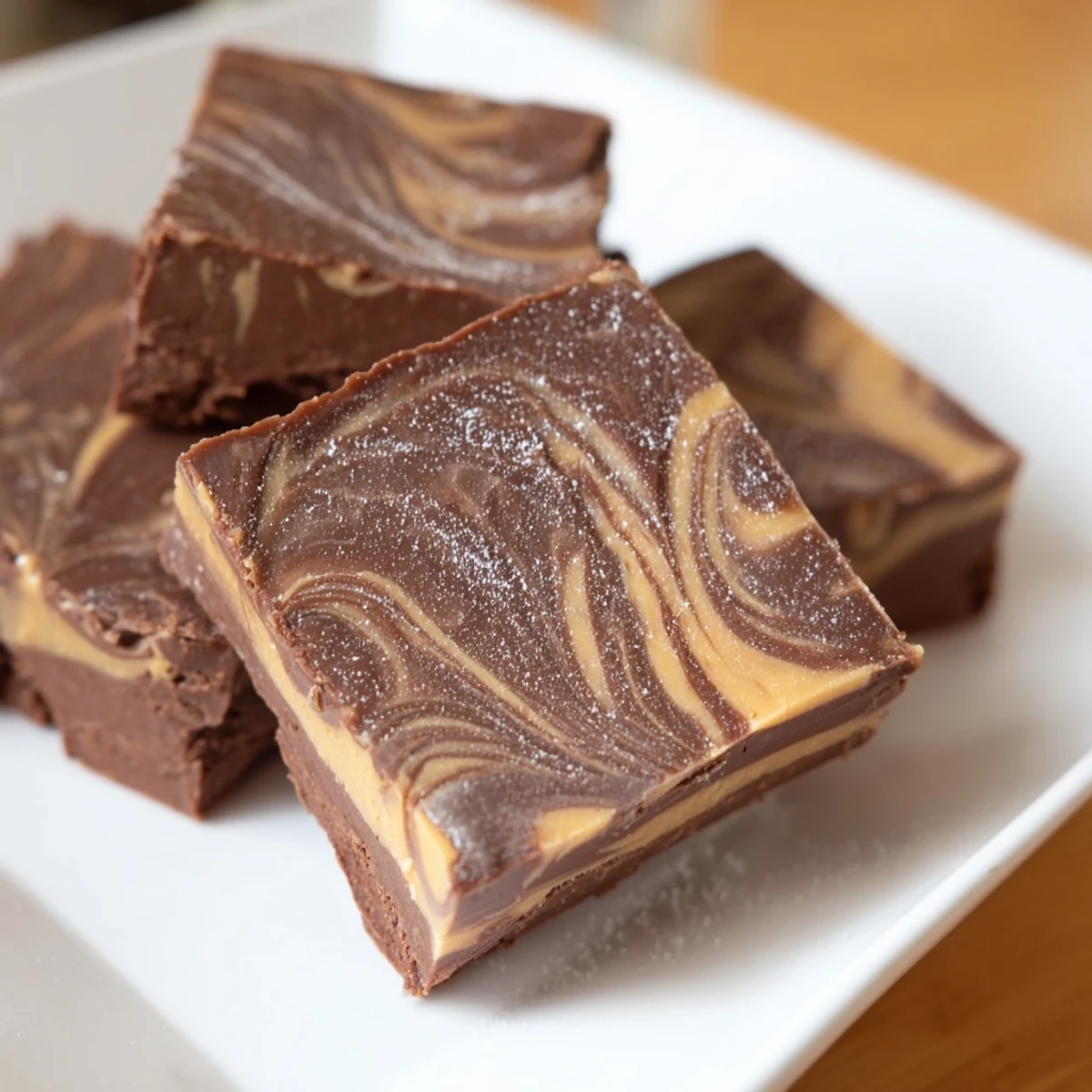 Alt text: Chocolate Peanut Butter Fudge squares stacked on a marble counter, glossy chocolate layer meets creamy peanut butter swirl for an indulgent dessert.