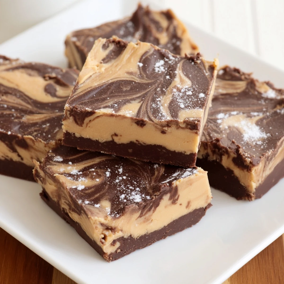 Alt text: Close up of Chocolate Peanut Butter Fudge with a marbled top, cut into neat squares and served on a white platter for gatherings.