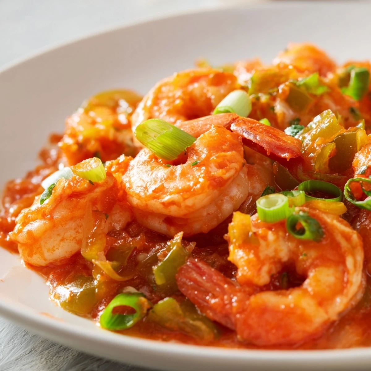A vibrant bowl of Mardi Gras Shrimp Creole served over fluffy white rice, garnished with fresh green onions and parsley.