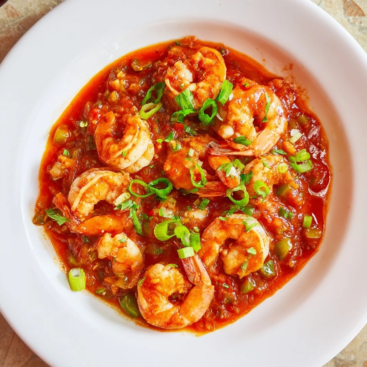 Close-up of tender shrimp in a rich, spicy Creole tomato sauce, ready to be served over steaming white rice.