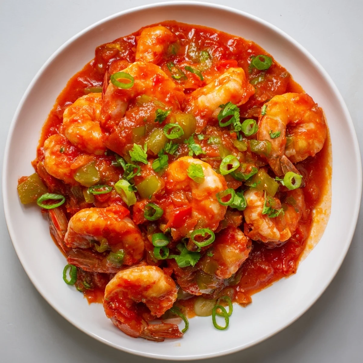 A hearty plate of Mardi Gras Shrimp Creole with a colorful tomato-based sauce and fresh garnishes on a rustic table.