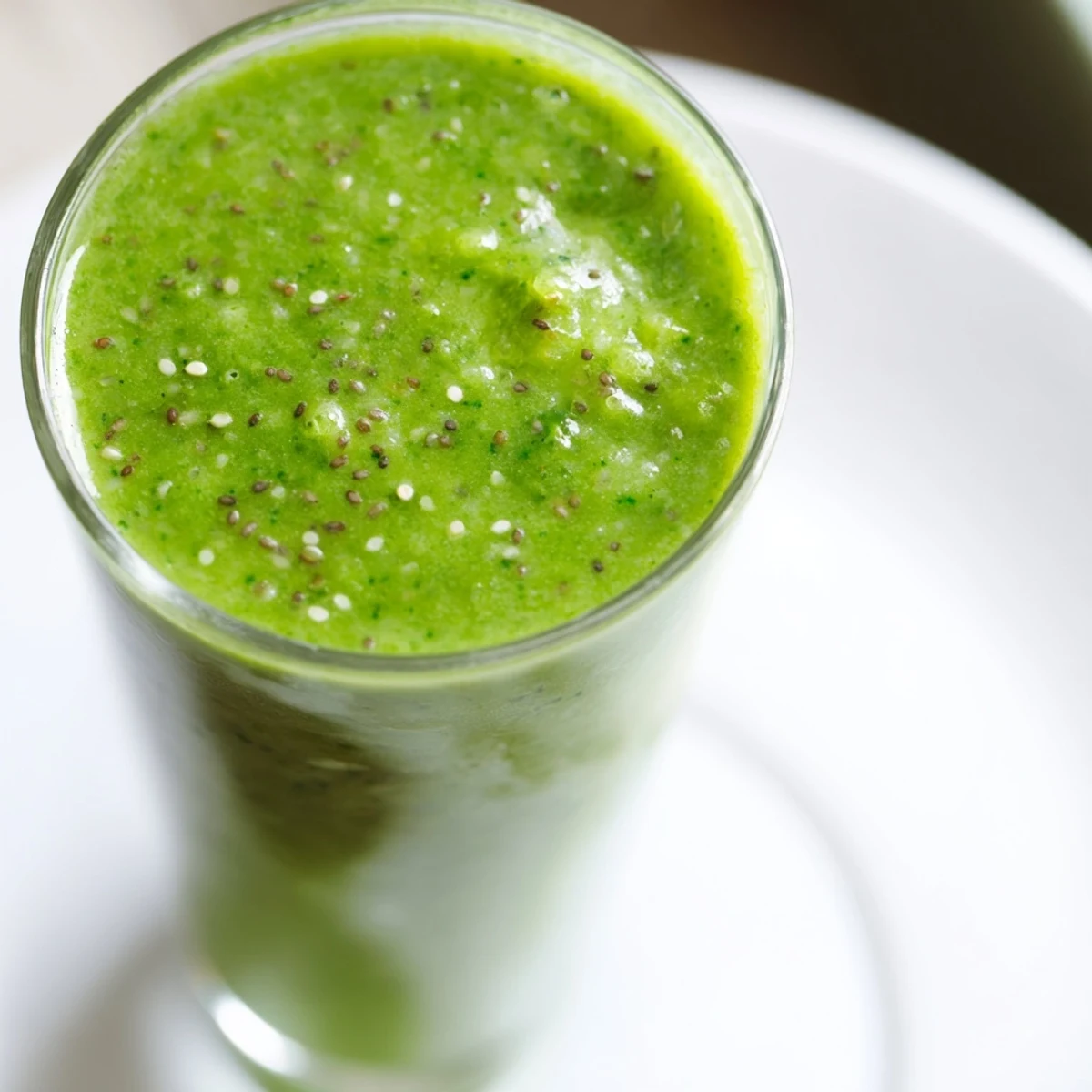 A tall glass of Green Detox Smoothie with Ginger glistens with ice, garnished with a lime wedge and ginger slice.