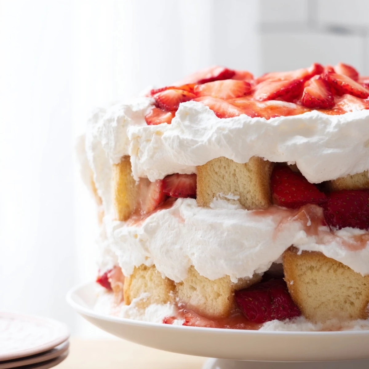 Fresh strawberry slices and fluffy shortcake pieces stacked high in a classic Strawberry Shortcake Trifle dessert.