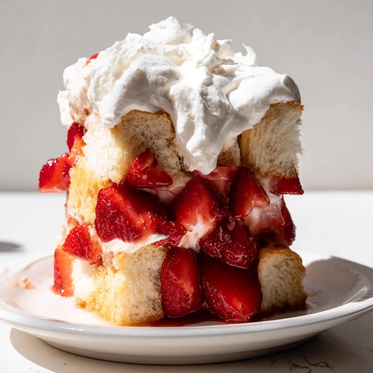 A close-up view of Strawberry Shortcake Trifle layered in a glass bowl with juicy strawberries and whipped cream.