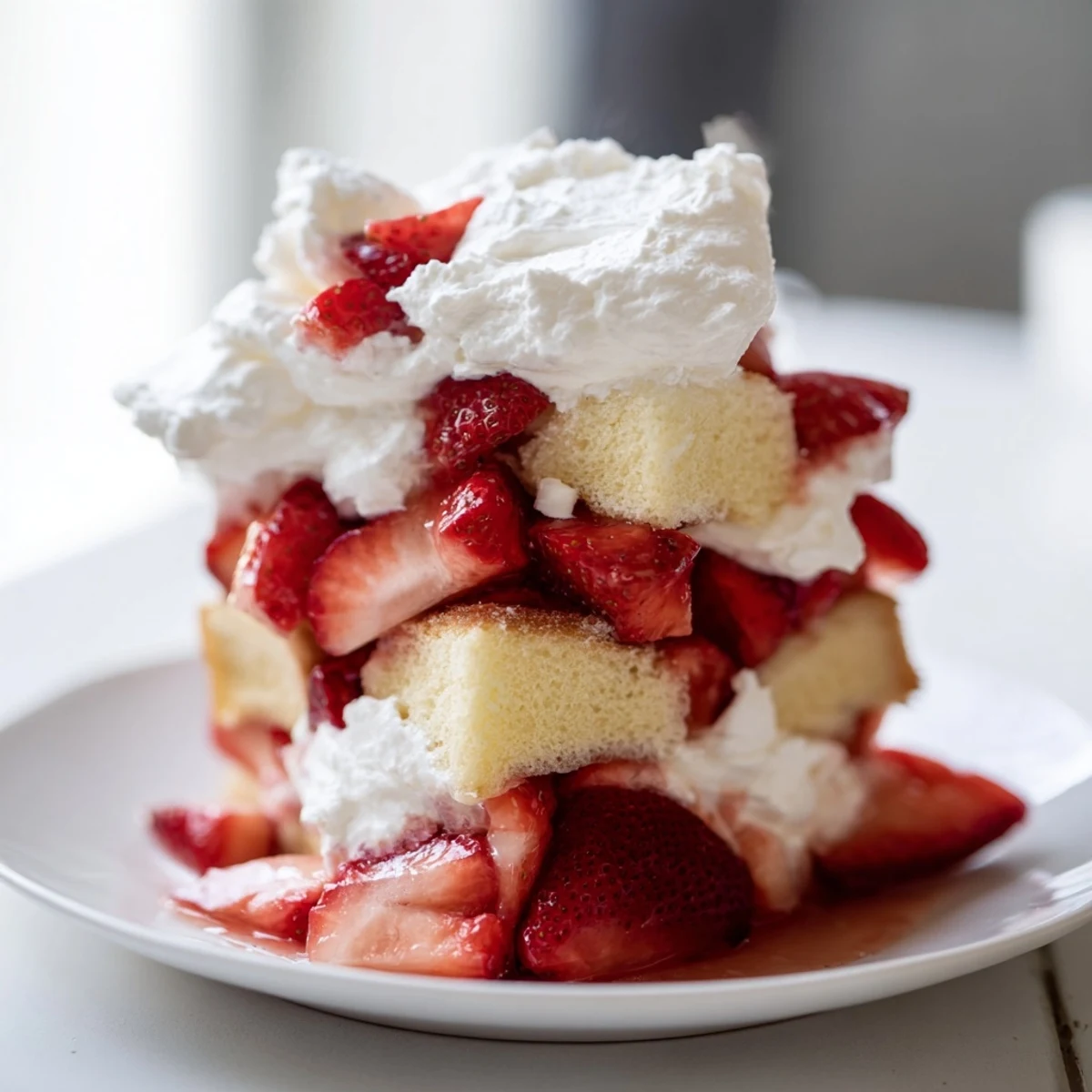 This Strawberry Shortcake Trifle shows tender cake, sweet berries, and creamy whipped cream in a beautiful glass dish.