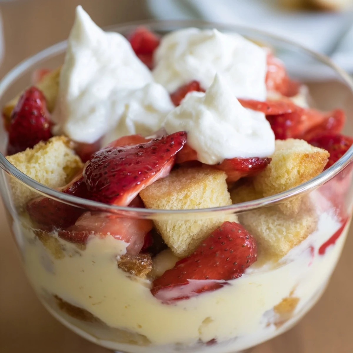 Fresh layers of Strawberry Shortcake Trifle with Custard show golden shortcake, ruby strawberries, and velvety custard topped with fluffy cream in a glass dish.  