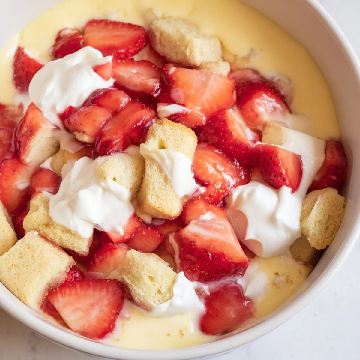 Serving suggestion for Strawberry Shortcake Trifle with Custard includes layered dessert in a trifle bowl, ripe strawberries, and a spoon ready to dive in.